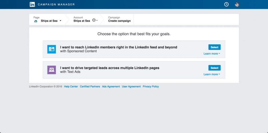 Choosing a campaign type in LinkedIn.