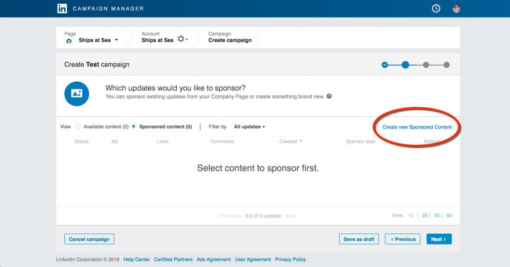 Creating sponsored content in LinkedIn.