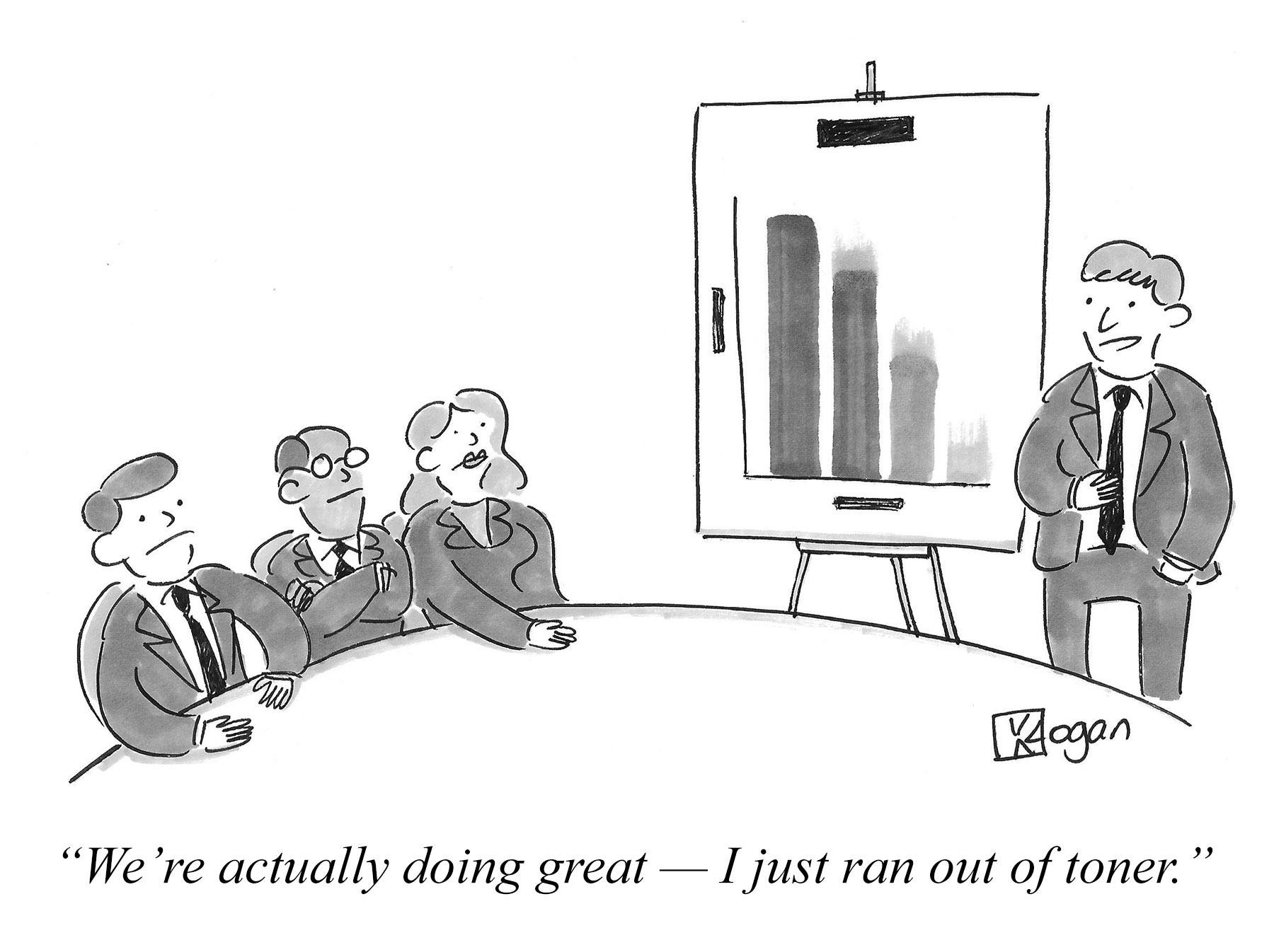 Cartoon about progress towards company goals.
