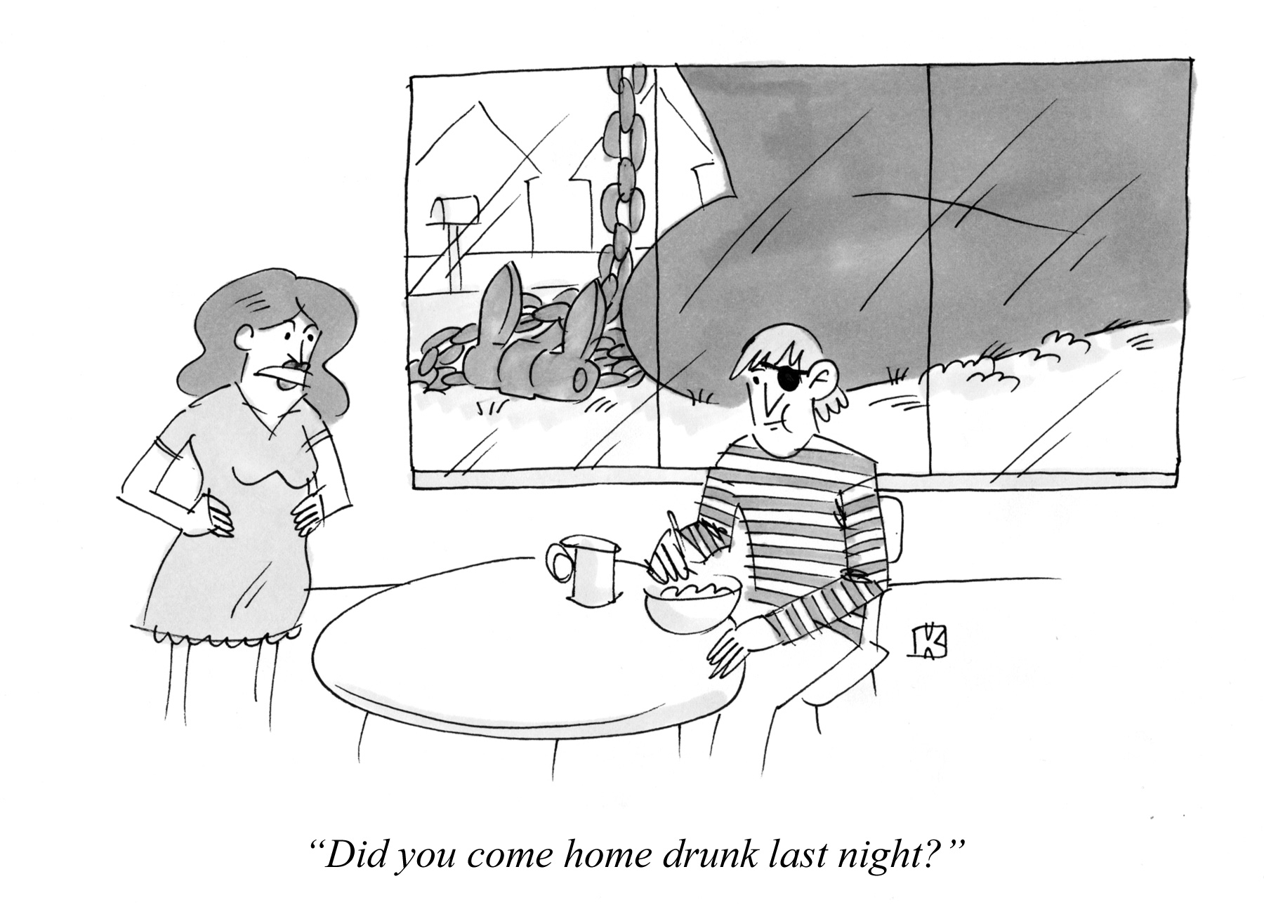 Cartoon about a sailor coming home drunk