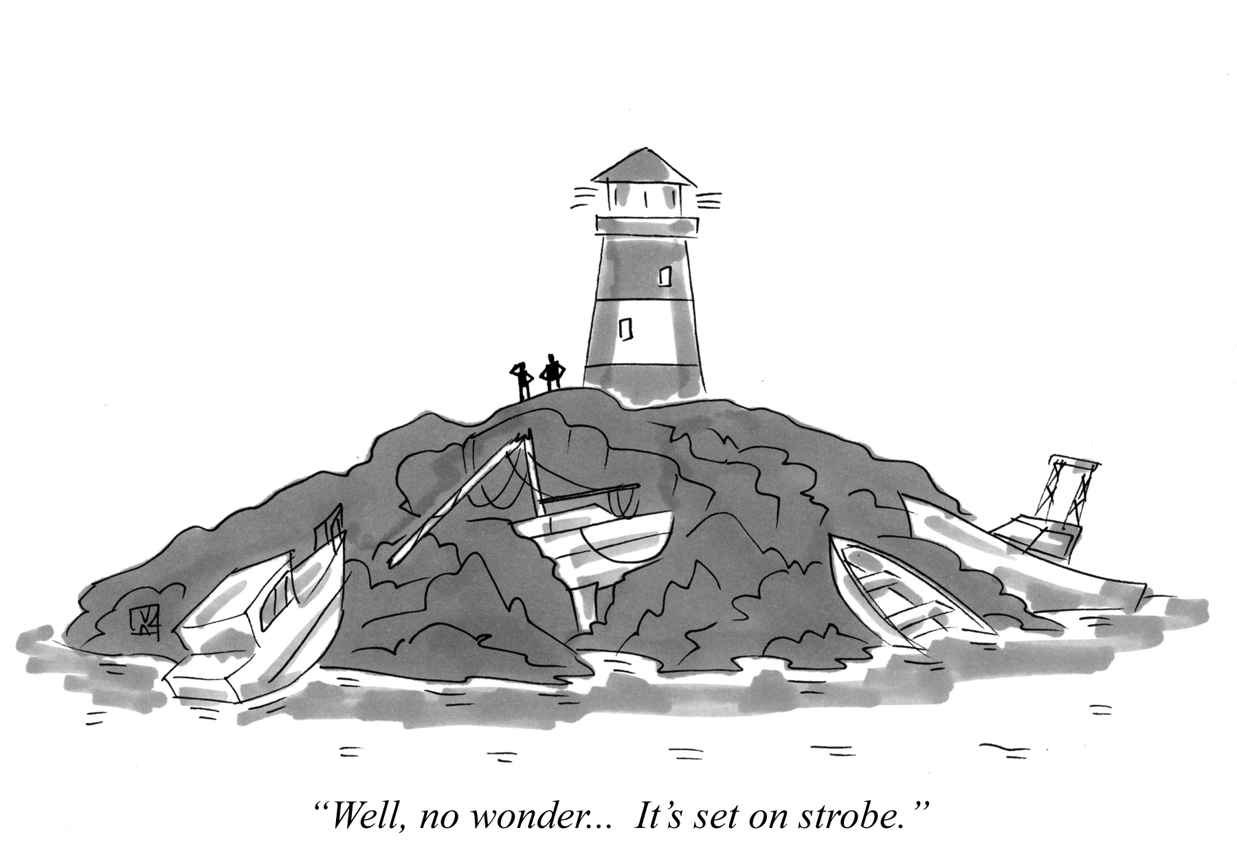 Cartoon about boats grounding because of a broken lighthouse