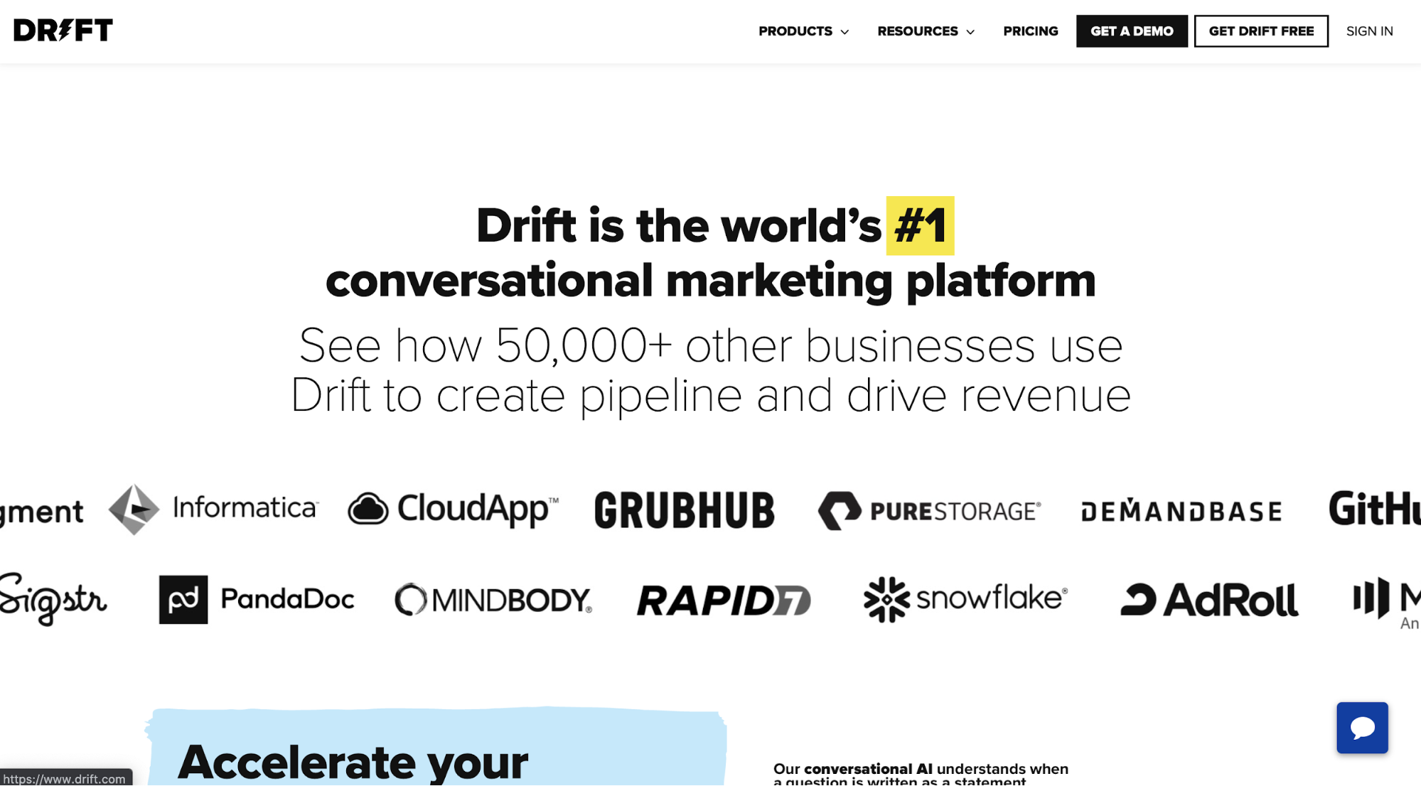 Message on the Drift homepage boasting about their position in their category.