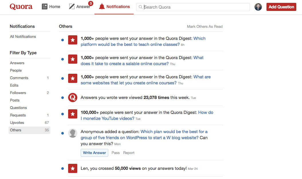 Results from writing answers on Quora.