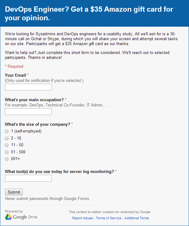 Signup Form Used for Usability Test